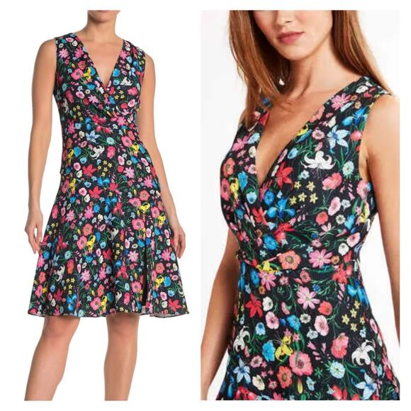 Elie Tahari Womens Jila V-Neck Fit & Flare Midi Dress Size 6 Multicolor Floral - Picture 15 of 15